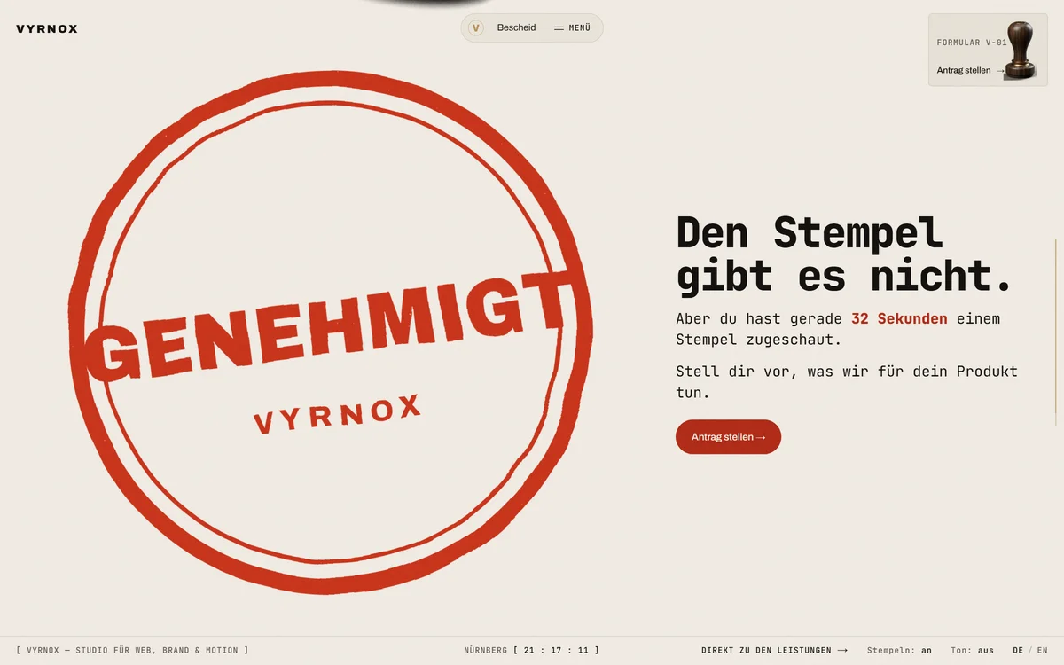 vyrnox.de: die Pointe mit dem roten GENEHMIGT-Abdruck